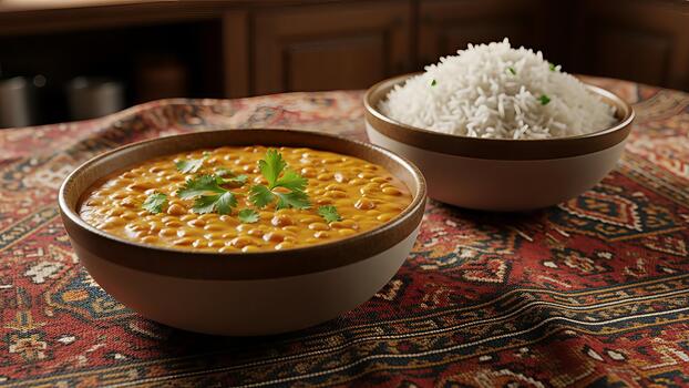 Aromatic yellow dal with fragrant basmati rice presentation for fine dining photo