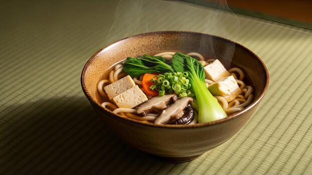 aromático udon fideos sopa con tofu y vegetales presentado en tradicional estera foto