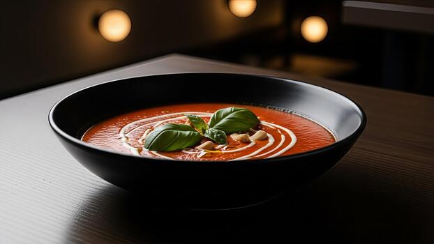 aromático tomate sopa presentación adornado con albahaca y crema remolinos en oscuro cuenco foto