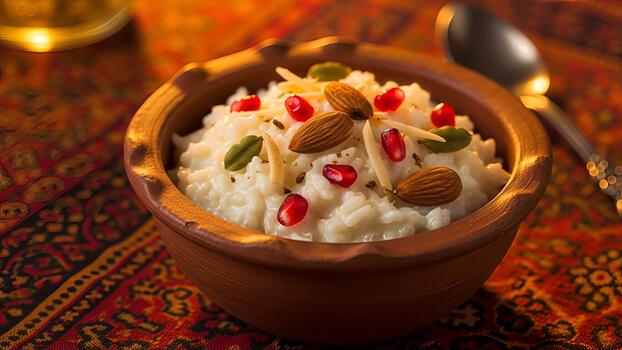 aromático arroz pudín adornado con granada semillas y tostado Almendras en cuenco foto