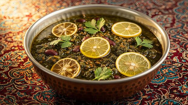 aromático persa hierba estofado plato con limón rebanadas servido en un cobre cuenco en oriental Manteles foto