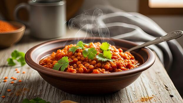aromático lenteja estofado servido humeante caliente en un rústico bol, con Fresco cilantro adornar evocando foto