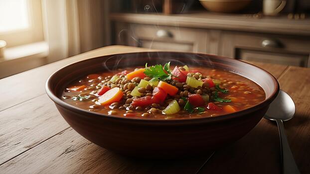 Aromatic lentil soup simmering gently on rustic wood table near window light photo