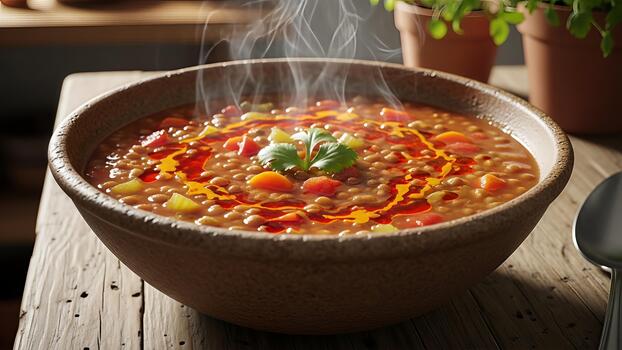 aromático lenteja sopa hirviendo suavemente en un rústico de madera mesa exuda culinario calor foto