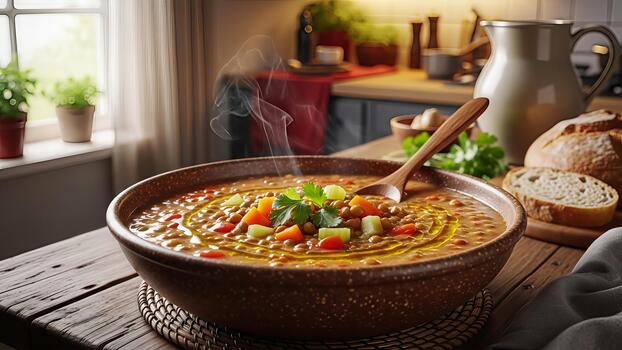 Aromatic lentil soup served on a wooden table with fresh bread and vibrant garnishes creating a photo