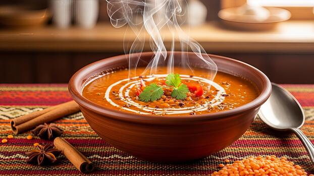 aromático lenteja sopa presentación con auténtico oriental especias y condimentos todavía humeante foto
