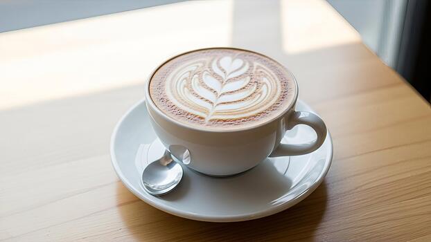 Aromatic latte art displayed in a pristine white ceramic cup on a light wooden table photo