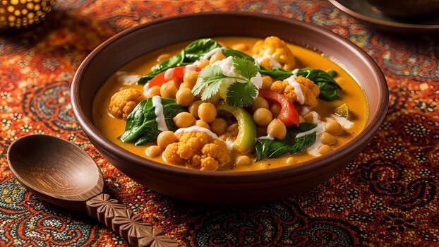 aromático garbanzo curry con coliflor, Espinacas y adornar servido en un rústico bol, presentado foto