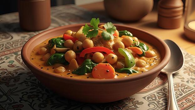 Aromatic chickpea curry with spinach and vegetables in a rustic bowl served on a patterned cloth photo