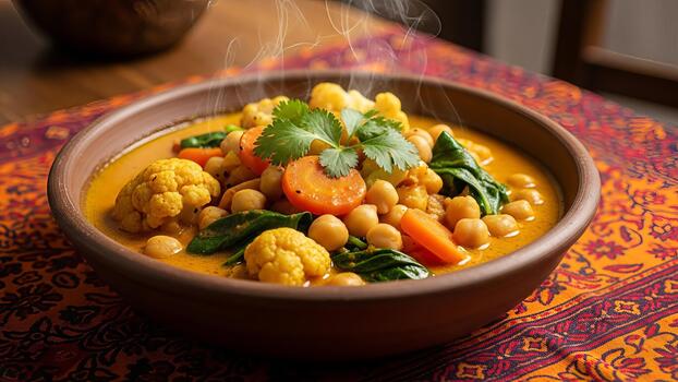 Aromatic chickpea curry with cauliflower and spinach in a rustic bowl steaming delightfully photo