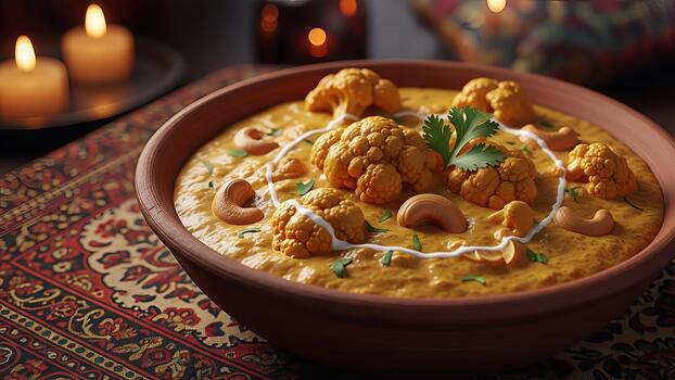 Aromatic cauliflower korma in a rustic bowl creates an inviting and warm ambiance featuring the photo
