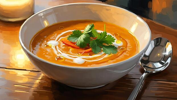 aromático nuez squash sopa obra de arte con Coco crema remolinos y cilantro adornar foto