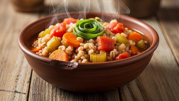 aromático cebada y vegetal sopa desplegado esmeradamente en rústico cuenco ajuste foto