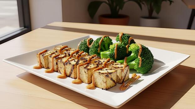 Appetizing plate featuring grilled tofu cubes drizzled with savory sauce and broccoli florets photo