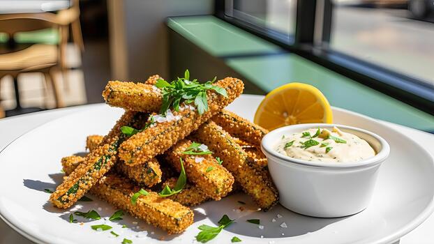 apetitoso frito calabacín palos con sabroso inmersión salsa y Fresco limón cuña presentado foto