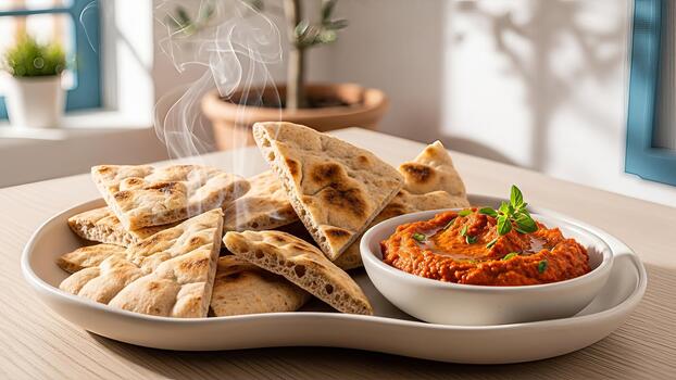 apetitoso panes planos con vibrante rojo pimienta inmersión para un encantador Mediterráneo experiencia foto