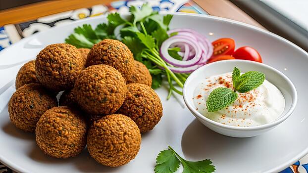 apetitoso falafel plato con Fresco vegetales y cremoso inmersión salsa presentación foto