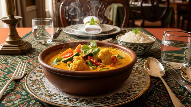 An elegant setting showcasing a steaming bowl of vegetable curry with rice and water photo