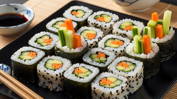 An artful composition of vegetarian sushi rolls served on a black plate displaying fresh photo