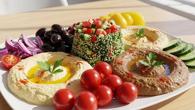 un apetitoso medio oriental plato exhibiendo hummus y vibrante vegetal combinaciones para un foto