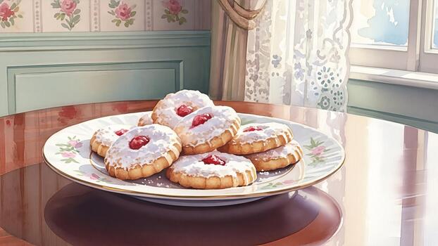 Aesthetic dessert arrangement of cookies with red fruit on a patterned plate in a soft-lit room photo