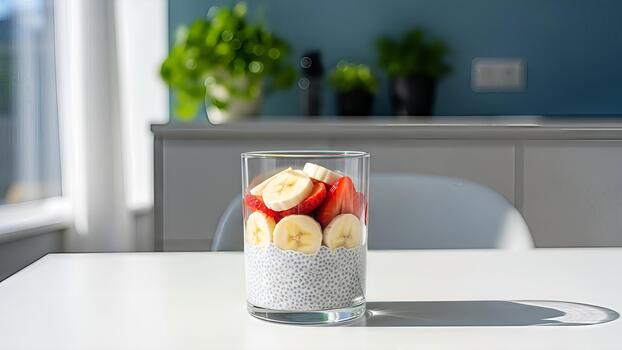 Aesthetic arrangement of chia seed pudding with sliced strawberries and bananas on a table photo