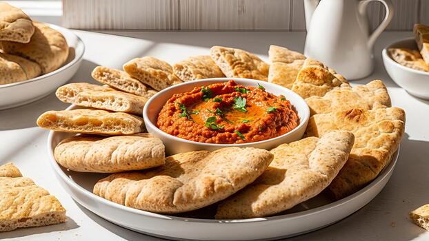 A visually captivating hummus arrangement with freshly baked flatbreads for dipping delight photo