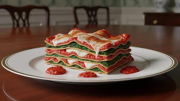 A visually appealing and meticulously crafted portion of lasagna on a clean white plate photo