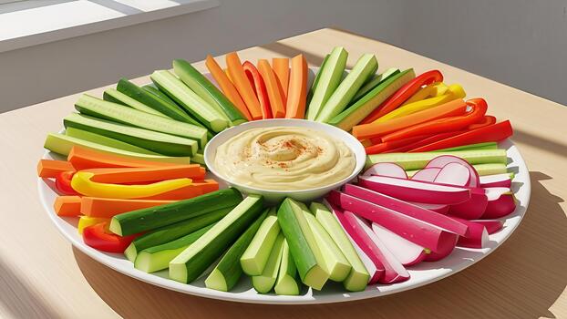un vibrante vegetal plato con hummus habitación central para un sano aperitivo presentación foto