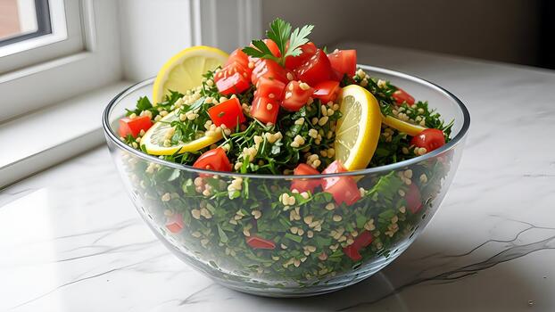 un vibrante tabulé ensalada muy lleno con frescura y picante limón rebanadas hermosamente presentado en foto