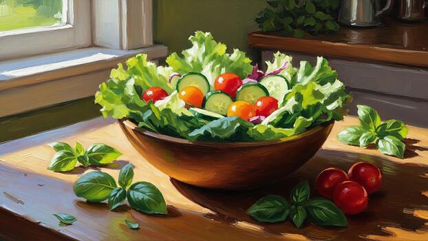 A vibrant mixed salad with basil leaves, presented in an inviting, painterly style image photo