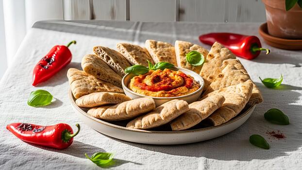 A vibrant hummus platter with pita bread and roasted red bell peppers on a rustic table arrangement photo