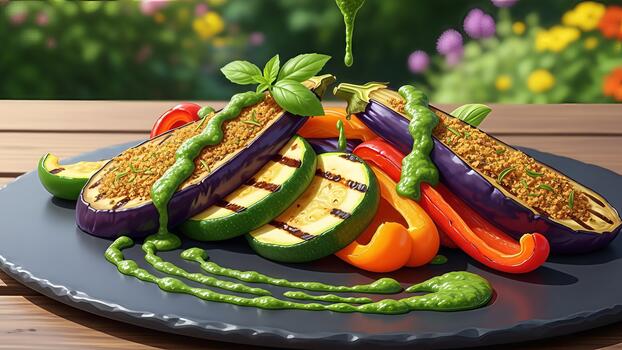 A vibrant display of grilled vegetables drizzled with a tangy green sauce on a rustic plate in photo