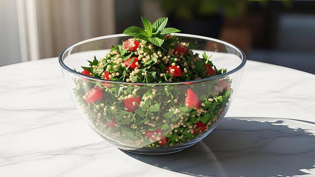 A vibrant bowl of tabbouleh salad bursting with freshness, textures and summery colors inviting a photo