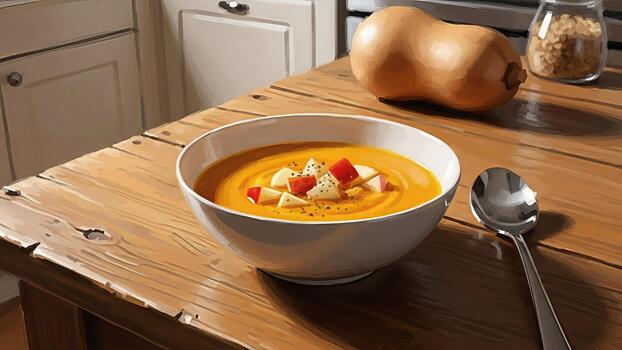 A vibrant bowl of butternut squash soup with apple garnish and spices, on rustic wood table adding photo