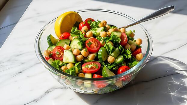 A vibrant bowl of chickpea salad with fresh vegetables and zesty lemon garnish displayed elegantly photo