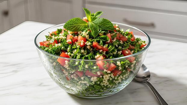 un vibrante y refrescante tabulé ensalada desplegado en un claro vaso cuenco lleno con Fresco foto