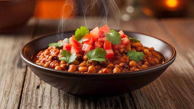 A tempting bowl of steaming bean stew served on a wooden table enhances culinary appeal and visual photo