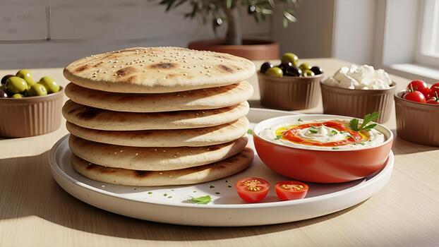 A stack of flatbread with hummus, vegetables and olives displayed on a table ready to be served photo