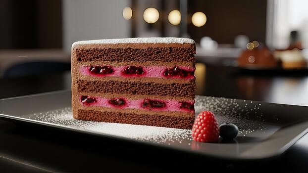 A slice of delectable layered chocolate cake with berry filling on a modern platter with raspberry photo