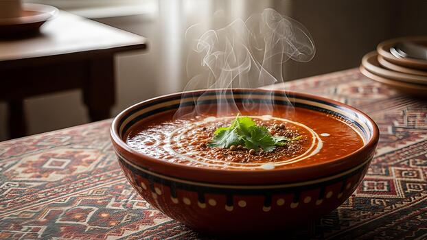 A steaming bowl of appetizing tomato soup with cilantro garnish on patterned cloth showcasing photo