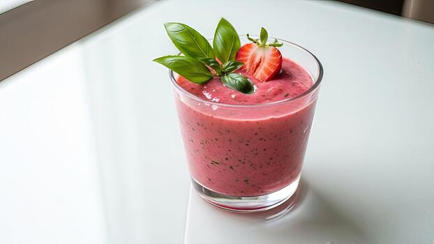 A Refreshing Strawberry Basil Smoothie on a Clean White Surface showcases healthy beverage photo