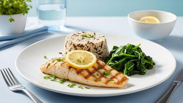 A plate of grilled fish fillet with lemon rice and spinach presented elegantly photo