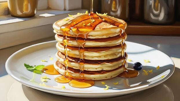 A delightful stack of pancakes with golden syrup cascading down its layers and garnished with photo
