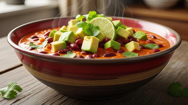 A hearty bowl of steaming red bean soup, crowned with fresh avocado and lime slices, resting on photo