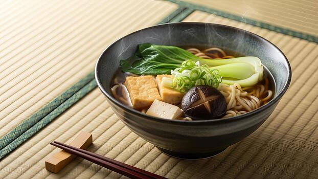 A delicious bowl of udon noodle soup with tofu and vegetables rests on a tatami mat photo