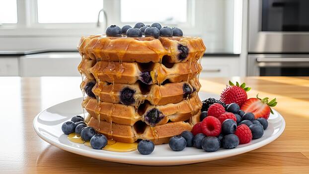 A delectable stack of blueberry waffles drizzled with syrup and assorted berries on a white plate photo