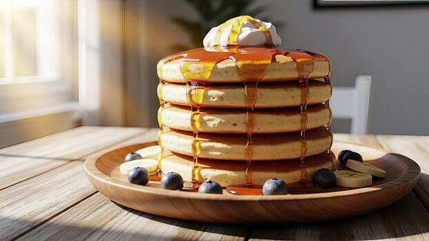 A delectable stack of pancakes bathed in syrup with fruits on a wooden table photo