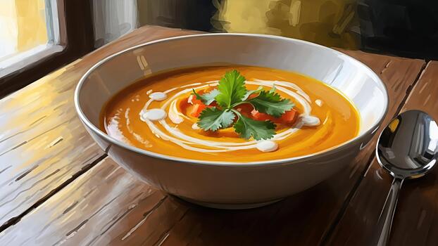 A delectable bowl of butternut squash soup, garnished with cream and cilantro sits invitingly next photo