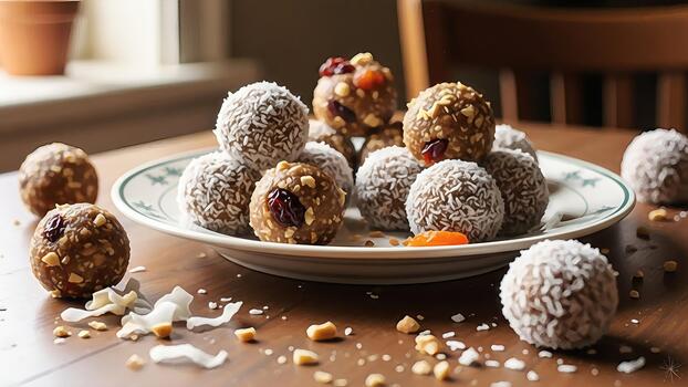 A delectable array of assorted protein balls presented beautifully on a rustic wooden surface photo